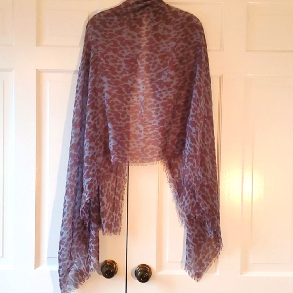LEOPARD ANIMAL PRINT BLUE BROWN SCARF WRAP FALL SHEER FRINGE 29" by 70 - Picture 4 of 7